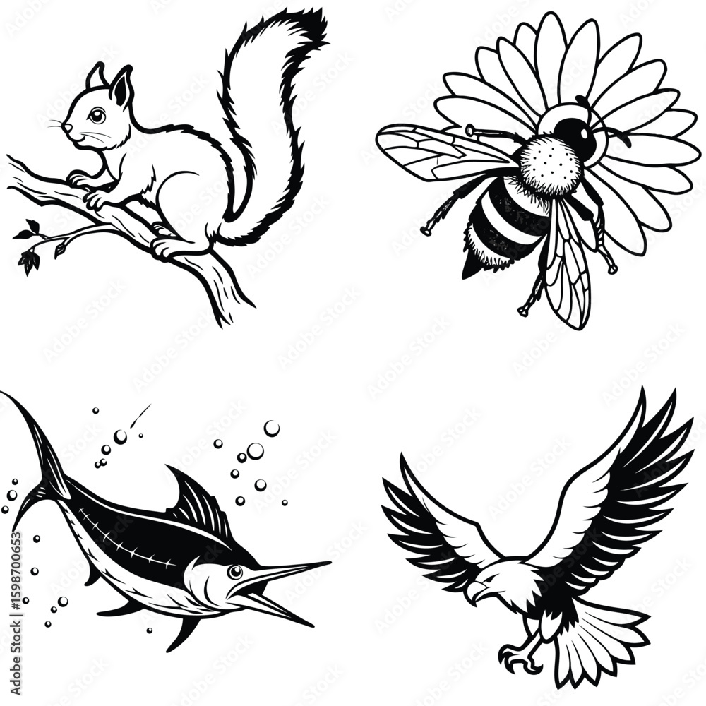 Obraz premium Vector art of a black and white illustration of a squirrel perched on a tree branch looking to the left with its bushy tail curled