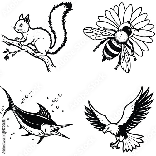 Vector art of a black and white illustration of a squirrel perched on a tree branch looking to the left with its bushy tail curled