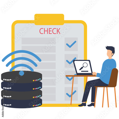 Flat illustration of system administrator performing security audit on corporate network infrastructure stock illustration