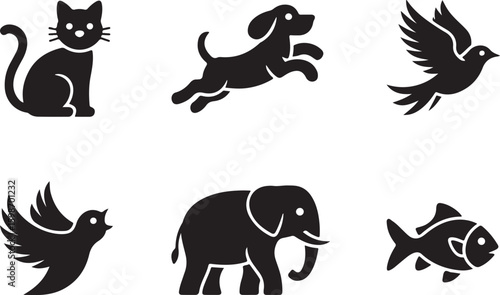 Black animal icons including cat dog birds elephant and fish vector