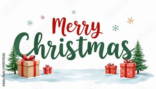 Merry Christmas greeting with gift boxes and evergreen trees design  