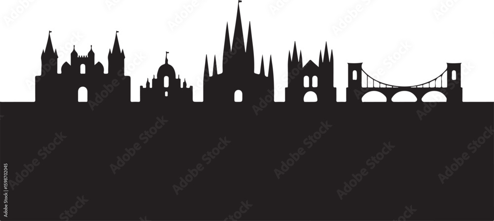 Fototapeta premium Black silhouette skyline featuring castles and a bridge white