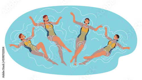 Beautiful women synchro swimmers crew performing synchronized dance in water pool cartoon scene
