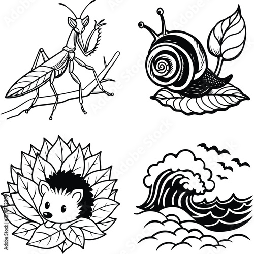 Vector art of a detailed black and white illustration of a praying mantis perched on a branch with intricate linework