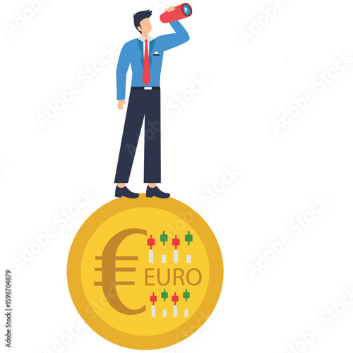 Flat illustration of businessman investor stand on euro coin using telescope to predict Europe economy stock illustration