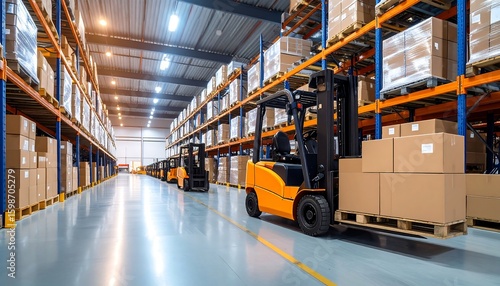 Wide shot of warehouse interior with forklift trucks