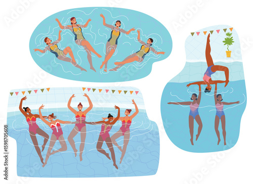 Professional women synchro swimmers team performing in water pool isolated cartoon scene set