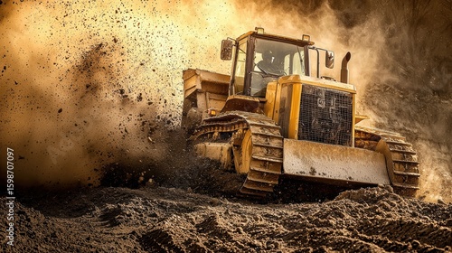 Heavy construction bulldozer pushing soil and dust du construction work on a dirt site in dusty environment