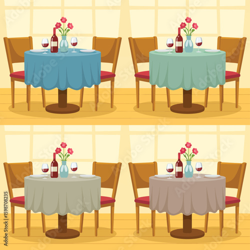 Four dining tables set for a meal with floral centerpieces