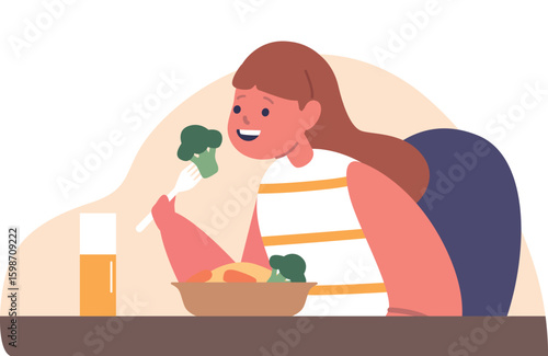 Girl having healthy breakfast vector illustration