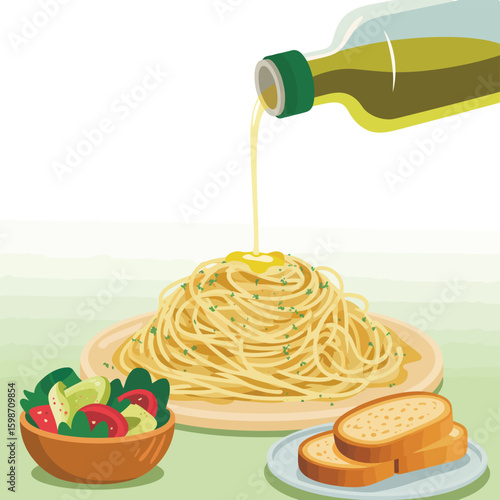 Pouring olive oil on a generous serving of spaghetti with side salad and bread