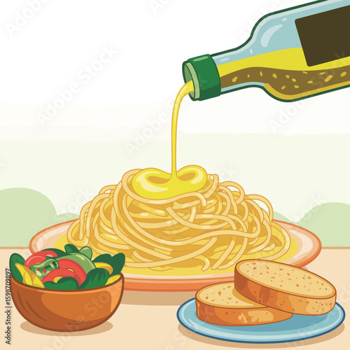 Delicious pasta dish with salad and garlic bread being drizzled with olive oil