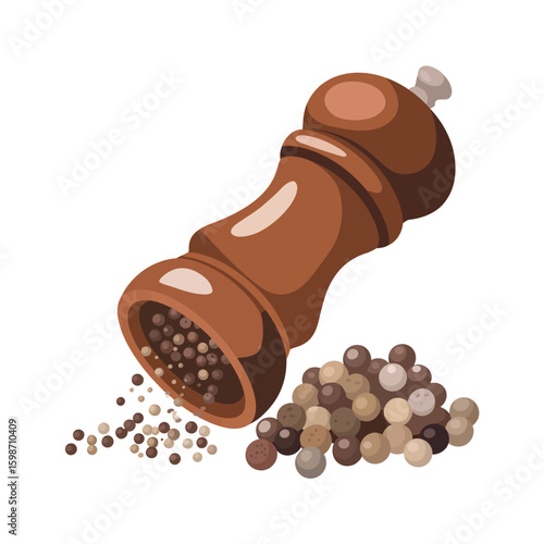 Wooden pepper mill with peppercorns and scattered black pepper