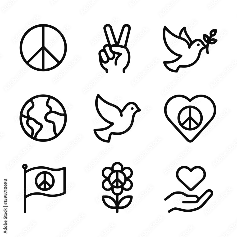 Fototapeta premium Peace unity symbol icons. Outline symbols. Line design