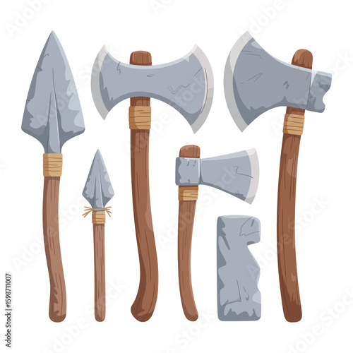 Collection of medieval weapons including axes and spears
