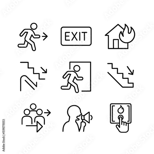 Safety evacuation procedure vector icons. Outline symbols. Line design