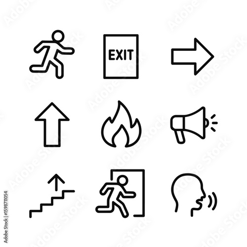 Emergency evacuation vector icon set. Outline symbols. Line design