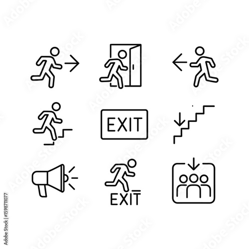 Safety exit route vector icon symbol. Outline symbols. Line design