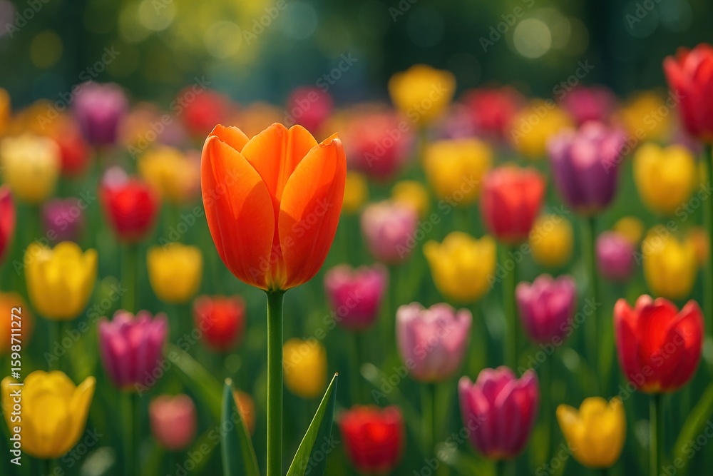 Fototapeta premium A vivid tulip garden scene where a single bright orange tulip stands out in crystal-clear focus among dozens of softly blurred tulips of various colors