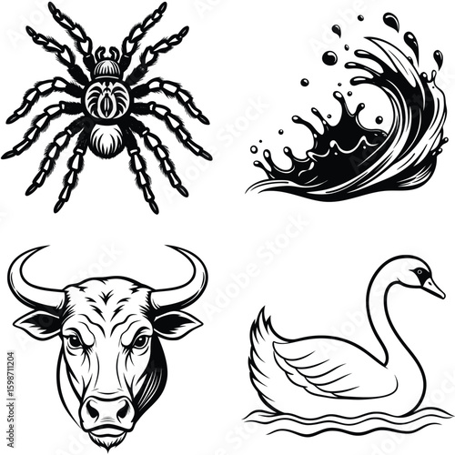 Vector art of a detailed black and white illustration of a tarantula spider with eight legs and a distinct body presented as a graphic design element