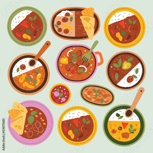 Collection of indian curries and rice dishes with bread