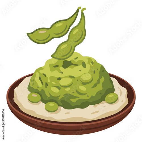 Healthy green mashed edamame dish with pods on a white plate