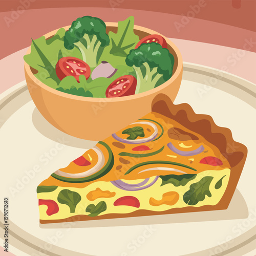 Delicious slice of quiche with a side of fresh green salad