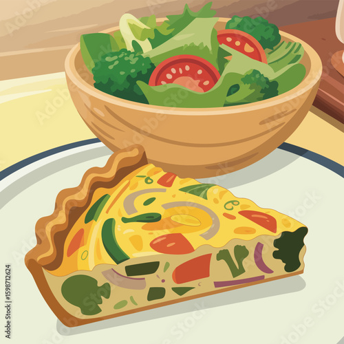 Delicious slice of quiche with a fresh vegetable salad on a plate