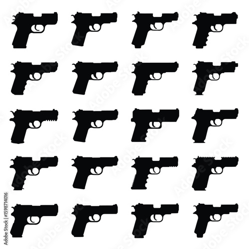 Collection of silhouetted handguns in a grid pattern