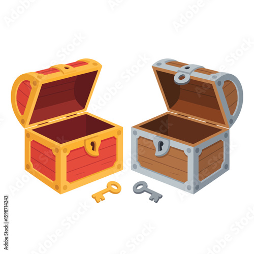 Two open treasure chests with keys in front of them