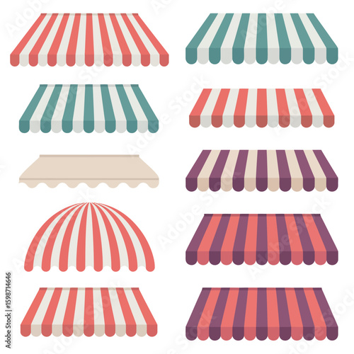 Collection of colorful striped awnings for shops and buildings