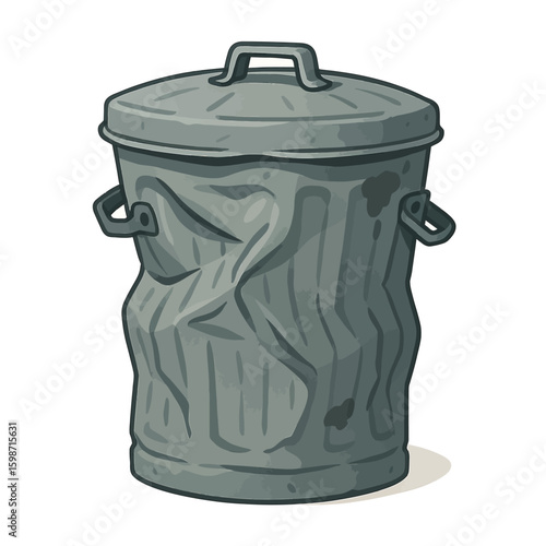 Worn and Dented Metal Garbage Can - Symbol of Urban Decay and Neglect