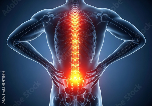 Human spine glowing with pain and inflammation medical illustration human body back pain