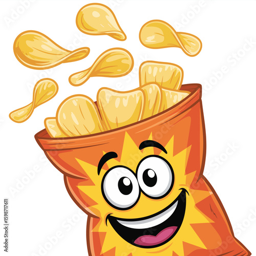 Happy cartoon potato chip bag spilling chips with a smiling face