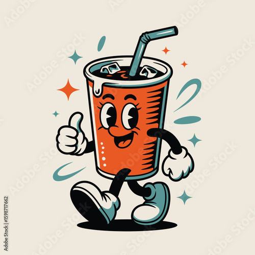 Retro cartoon character soda cup giving thumbs up