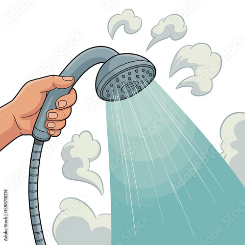 Hand holding a shower head with flowing water and steam