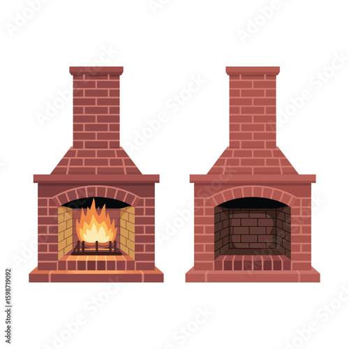 Two brick fireplaces one with a warm fire and one empty