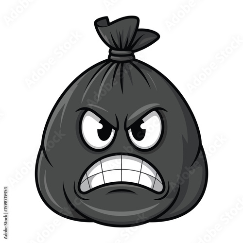 Angry black trash bag character with grumpy face and gritted teeth