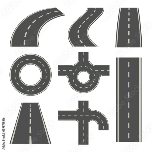 Collection of asphalt road sections and intersections with white lane markings