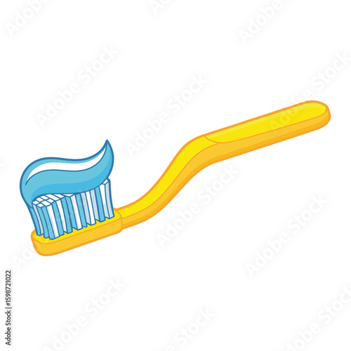 Yellow toothbrush with blue toothpaste ready for brushing teeth