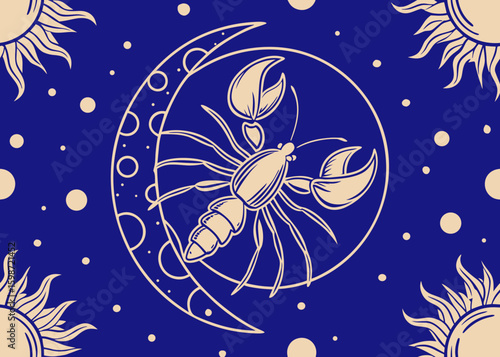 Zodiac Sign Cancer with Moon and Stars in Celestial Circle for Horoscope Designs and Astrology Projects