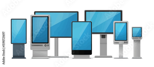 Collection of various digital signage displays and kiosks in different sizes