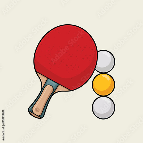 Red ping pong paddle with three balls ready for game
