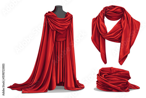 Elegant Red Drapery Design with Dress and Scarf in Rich Fabric Texture