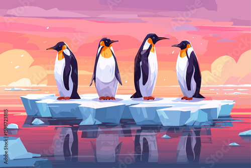 Colorful Vector Illustration of Four Penguins on an Iceberg at Sunset