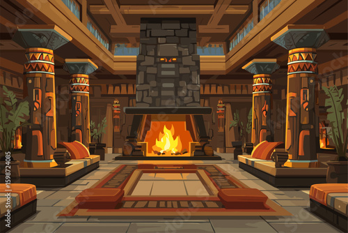 Cozy Interior of a Rustic Lodge with a Stone Fireplace and Tribal Decor