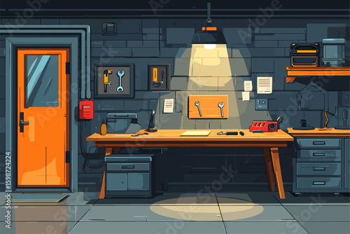 Stylish Modern Workshop Interior with Tools and Shelves