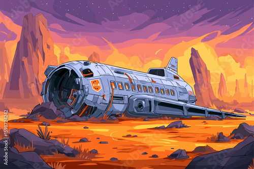 Futuristic Crash Landed Spaceship in Surreal Desert Landscape at Dusk