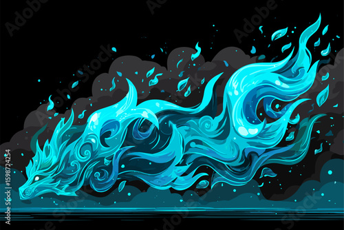 Mystical Blue Fox Illustration with Flowing Water and Leaves