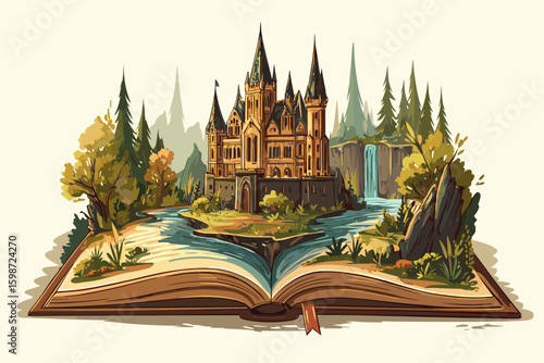 Whimsical Castle Emerging from an Open Book with Scenic Landscape